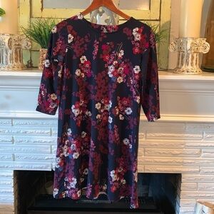 J Jill Navy Floral 1/2 Sleeve High Neck Mini Dress Keyhole Back Size Small P